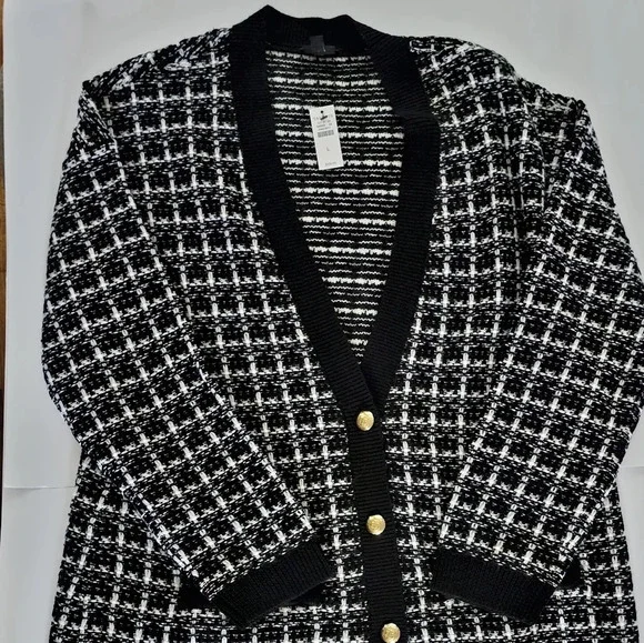 Talbots Textured Plaid Merino Wool Cardigan - Picture 3 of 7